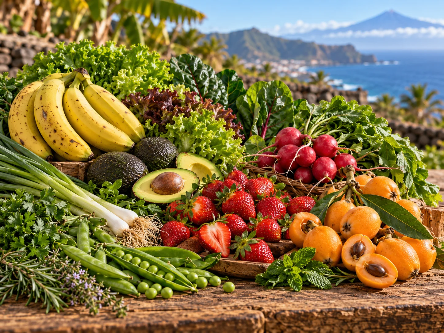 Frutas y verduras de primavera en Canarias con fresas, nísperos y hortalizas