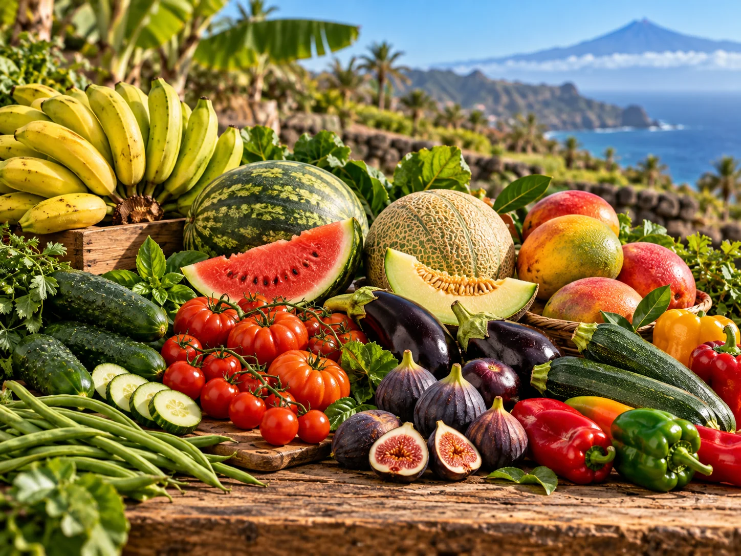 Frutas y verduras de verano en Canarias con sandía, mango y tomates