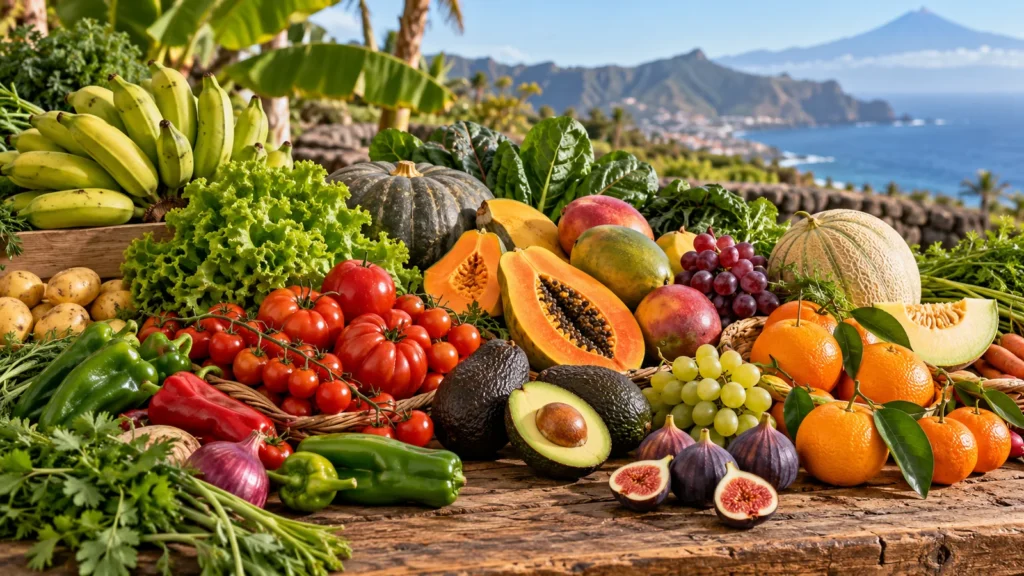 Frutas y verduras de temporada en Canarias en una mesa de productos frescos